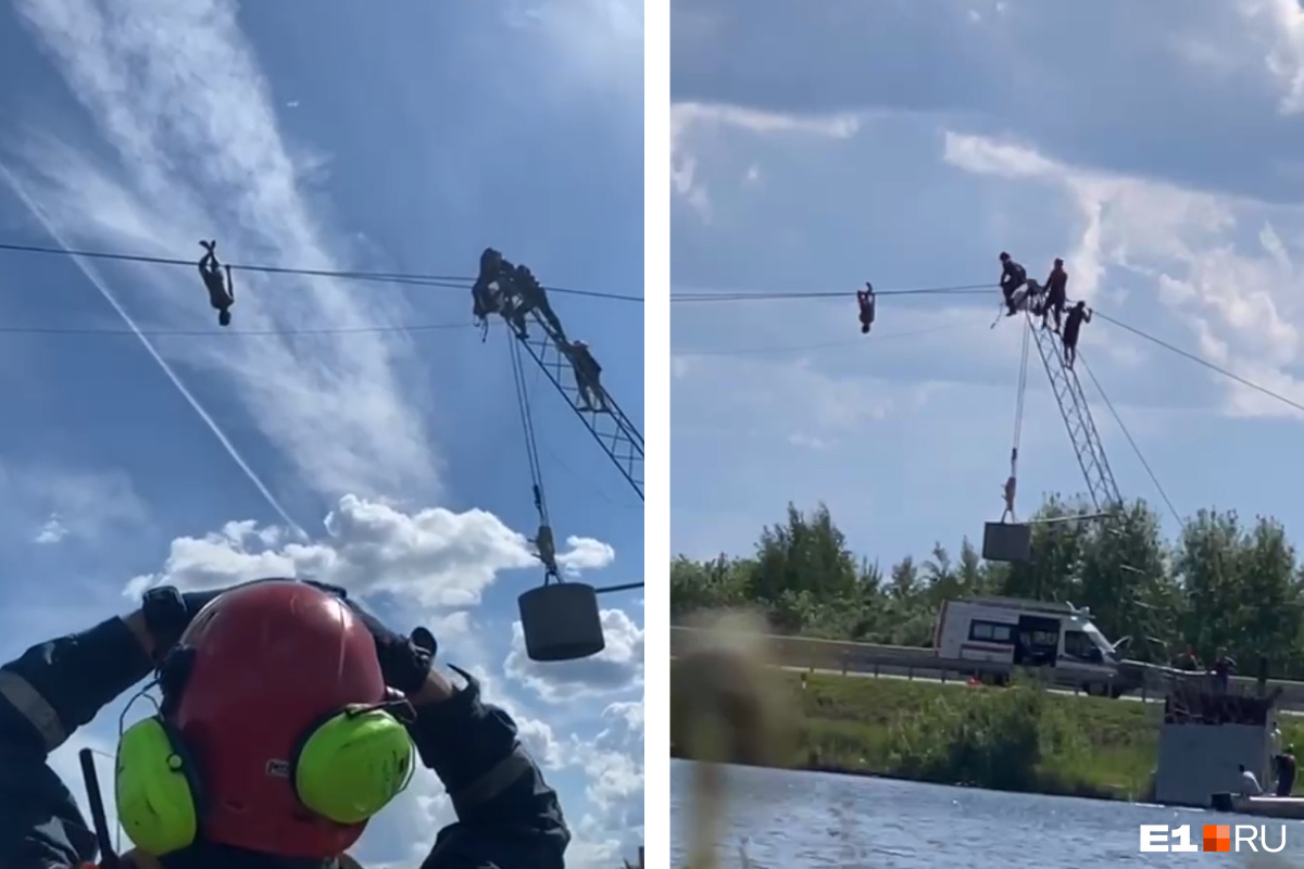 Парашютист повис на вертолете