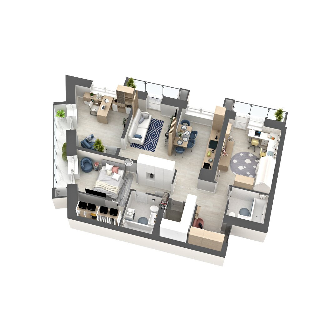 В ЖК «Мозаика» большой выбор трехкомнатных квартир, причем с уникальными планировками: каждая комната представляет собой мастер-спальню с дополнительными санузлами