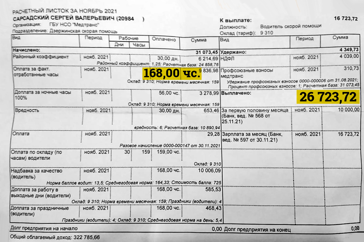 Расчетный листок другого водителя ГБУ НСО «Медтранс»: за 168 часов получено на руки <nobr class="_">26 723</nobr> рубля