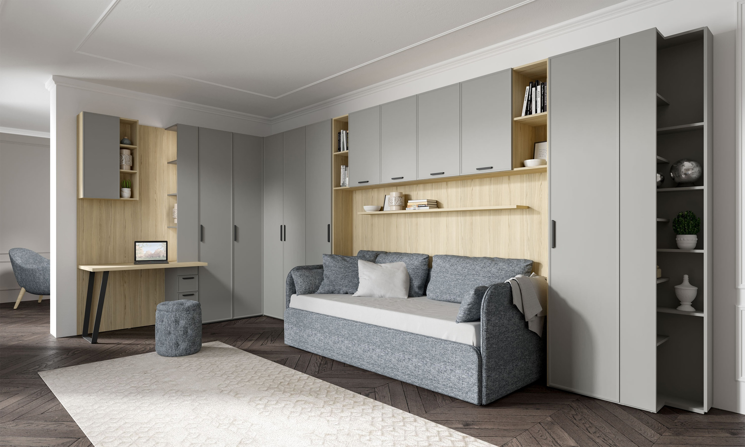 Грамотный подход к планированию пространства поможет уместить в одной комнате и зону отдыха, и рабочую зону