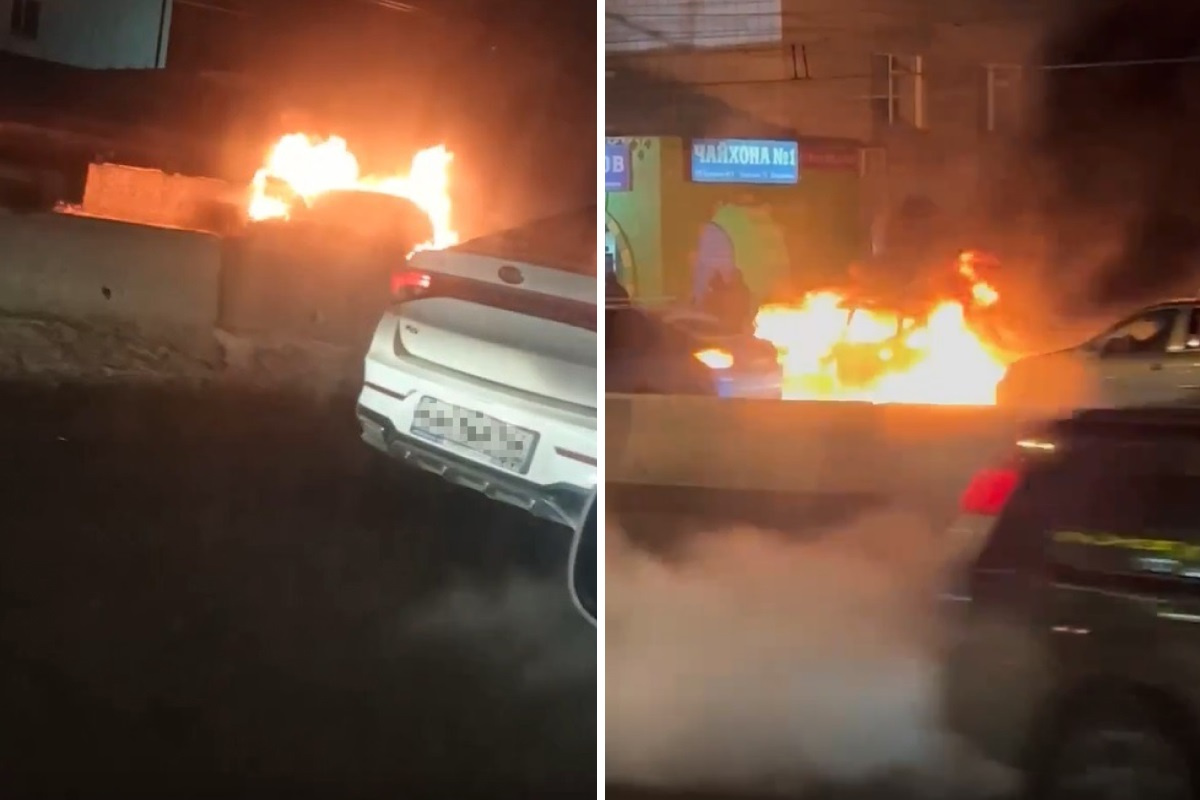 На улице Танковой в Новосибирске вспыхнул Mercedes — смотрим, как это было