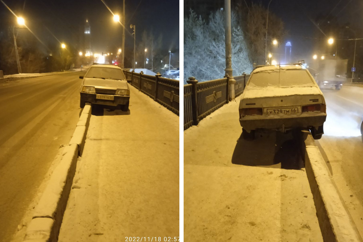 Как и зачем? В Екатеринбурге водитель оставил машину висящей на бордюре и ушел