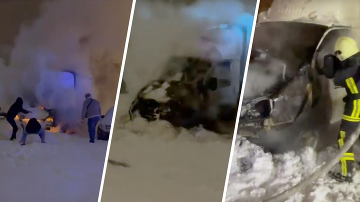 Тюменцы забрасывали снегом горящую во дворе дома «Газель»