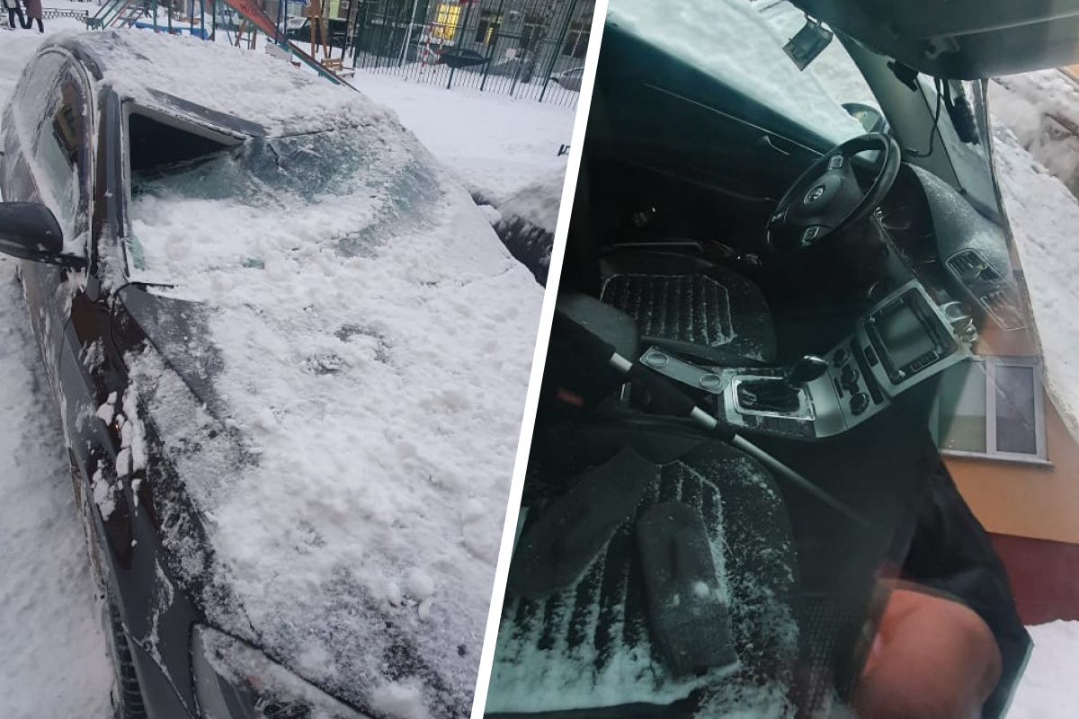 Почему разбили. Разбитая машина в сугробе. Разбитое машина в Новосибирске декабрь. Разбивает снег. Глыба снега упала на машину.