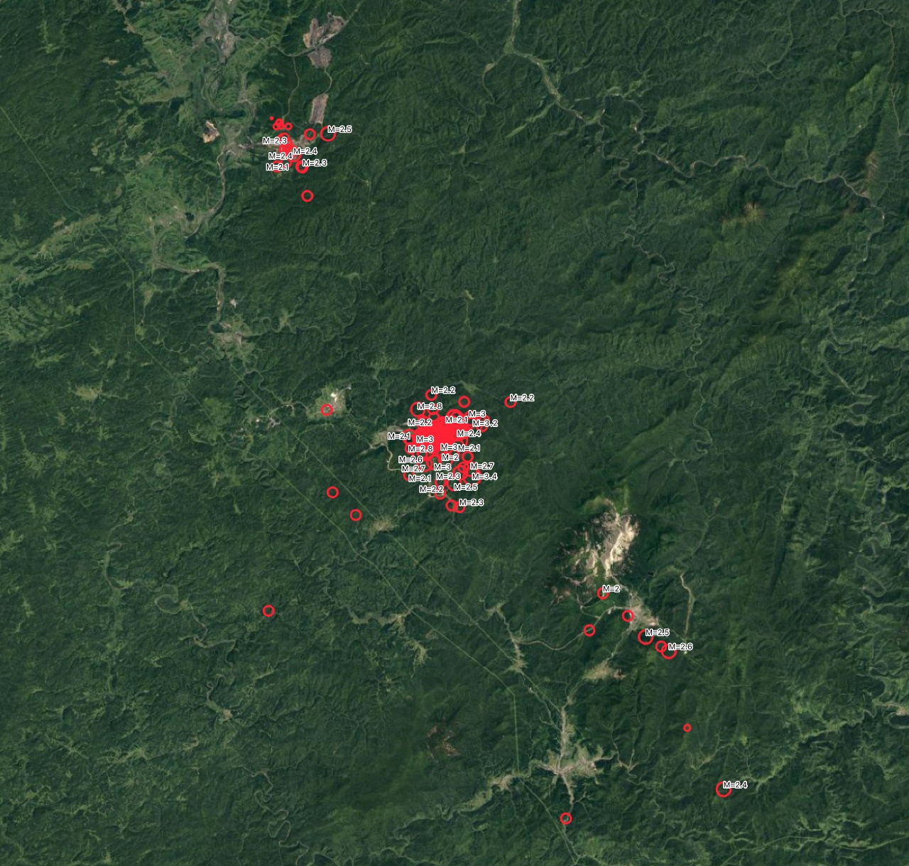 Карта землетрясений в районе Казского рудника за последний месяц