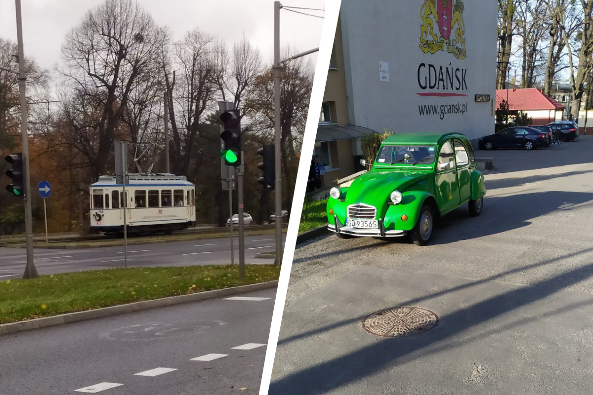 Малыш-трамвайчик и ярко-зеленое ретроавто на улицах Гданьска