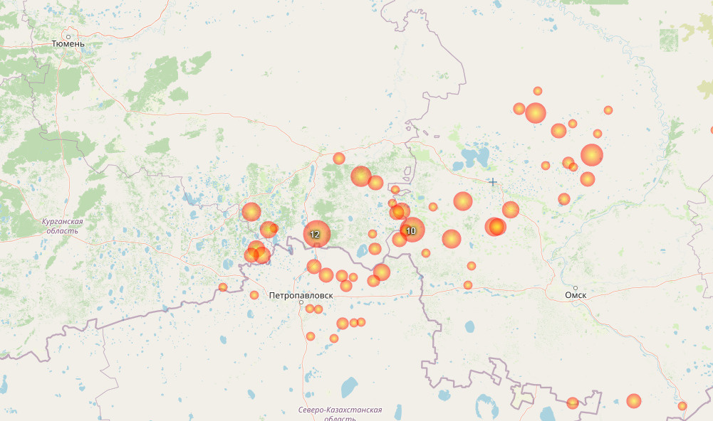 На карте видно, что в Тюменской области несколько очагов