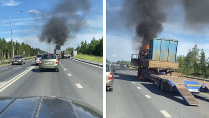 На трассе между Архангельском и Северодвинском загорелся грузовик: видео