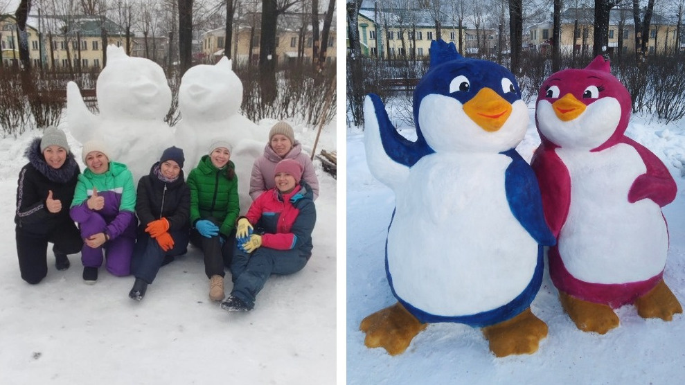 В Кулое слепили из снега двух милых пингвинов из советского мультфильма