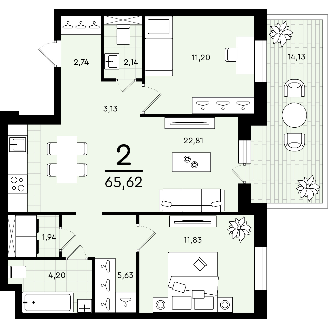 Двухкомнатная квартира <nobr class="_">65, 62 кв. м</nobr> — идеальное решение для дружной семьи. И здесь никогда не будет тесно!