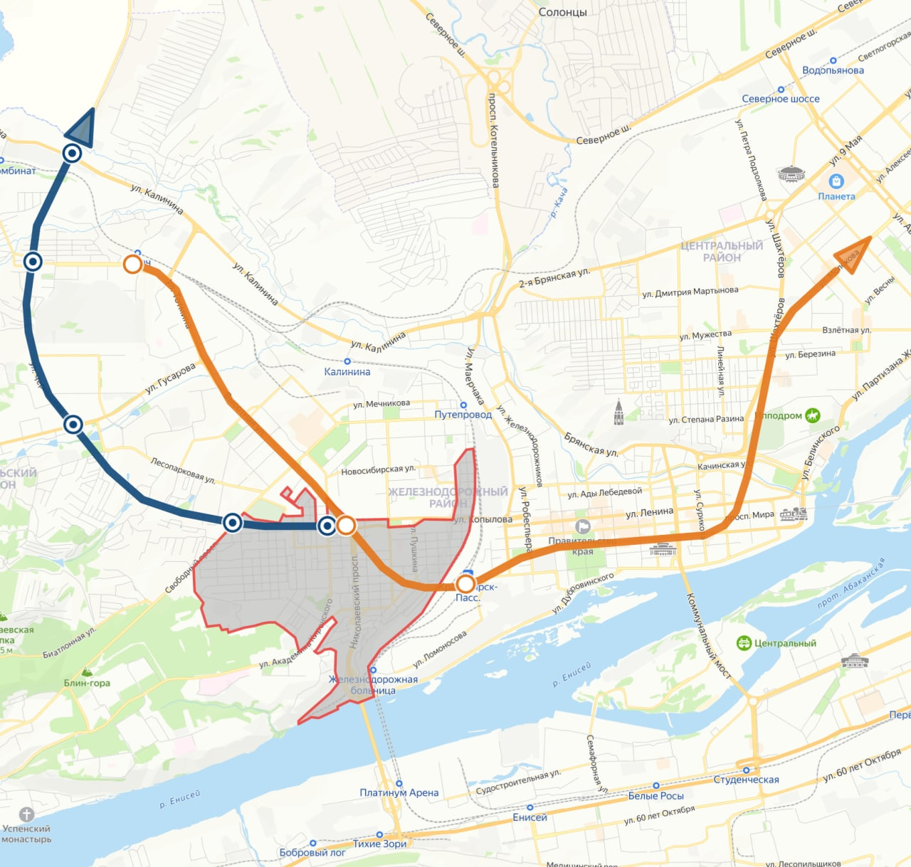 Границы Николаевки, трасса так необходимой нам городской магистрали с пересечениями главных улиц и фрагмент линии метро с пересадочными узлами