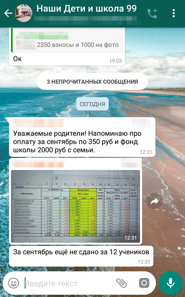 Сообщение из классного WhatsApp-чата, где сообщается, сколько надо сдавать за год плюс ежемесячно и кто еще не сдал Сообщение из классного WhatsApp-чата, где сообщается, сколько надо сдавать за год плюс ежемесячно и кто еще не сдал