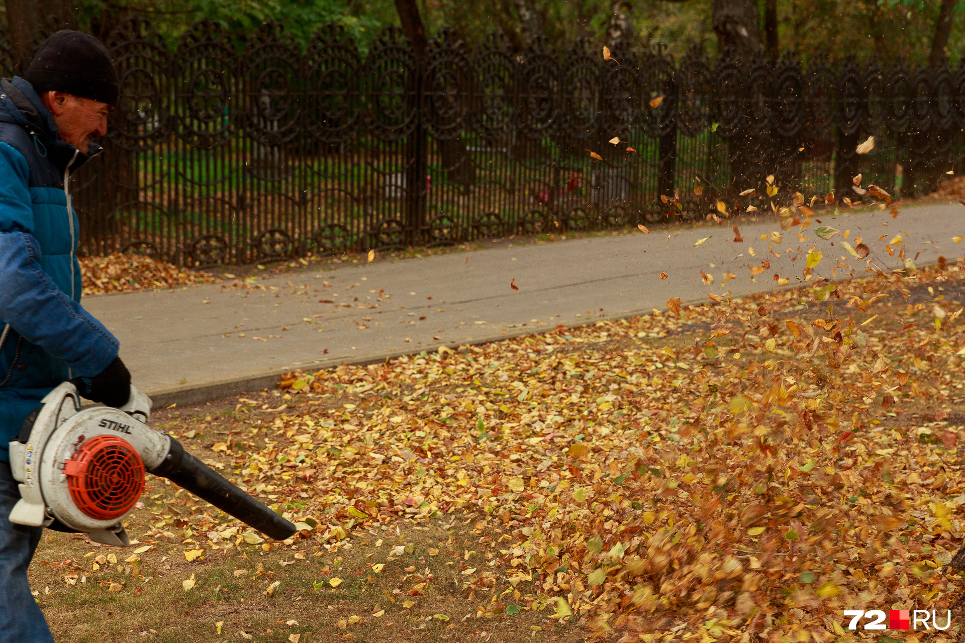 Непарадная сторона осени: уборка опавшей листвы с помощью специального пылесоса