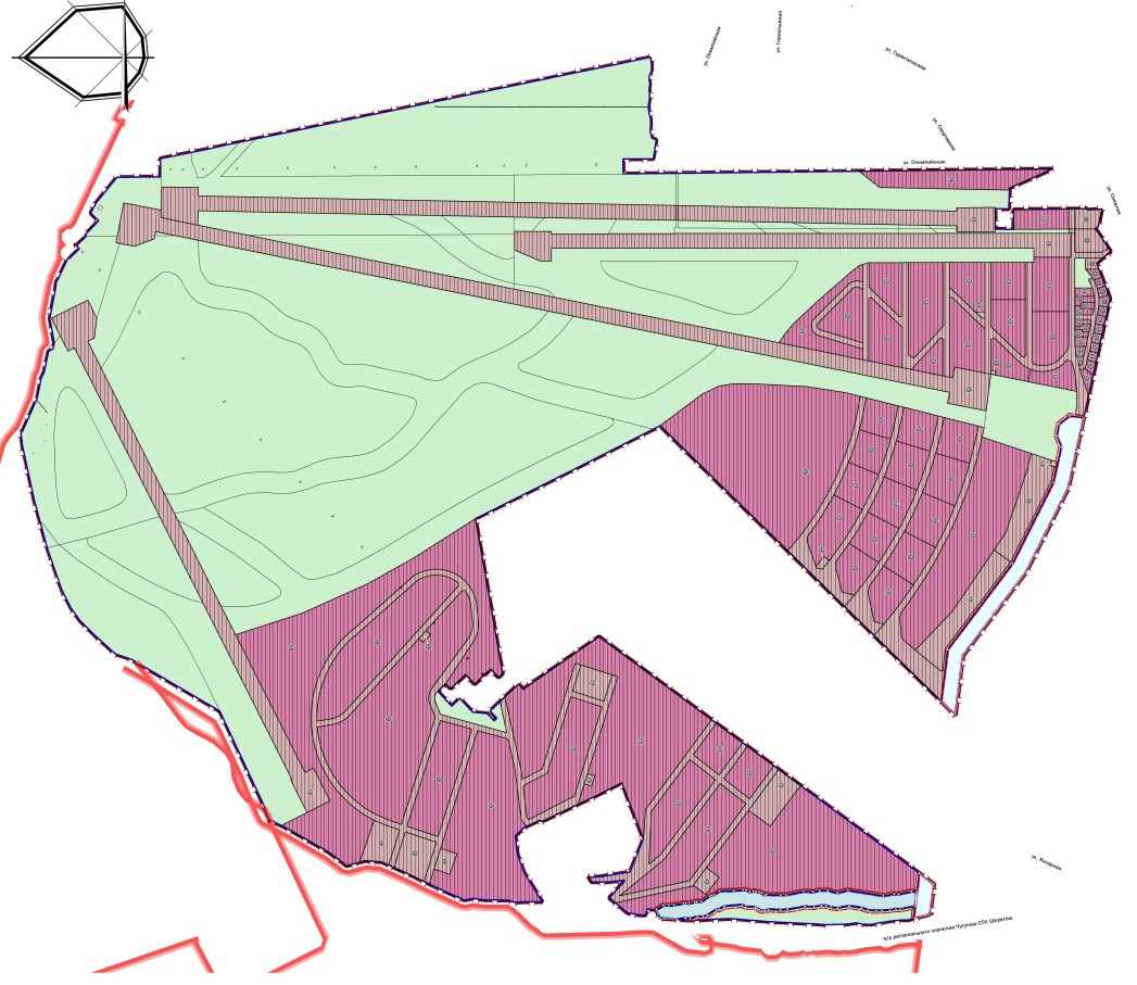 Схема планировки территории в Шерегеше. Вишневым цветом обозначена общественно-деловая зона, светло-зеленым — рекреационная