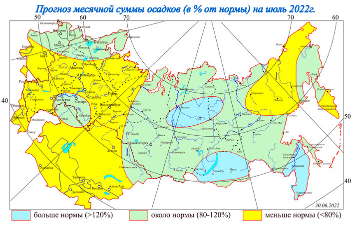 Вероятность того, что июль в Омской области не будет дождливым или, наоборот, засушливым, составляет 80%