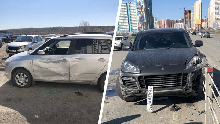 В Челябинске водитель Porsche разбил три машины во дворе и снес тросовое ограждение на оживленной дороге