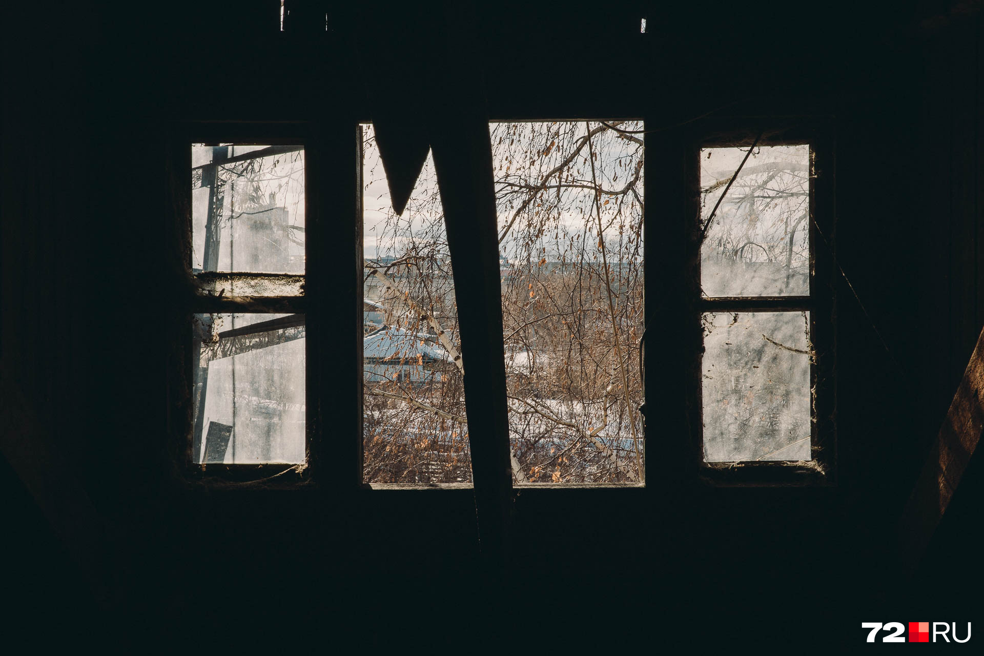 Вид на пустырь с чердака сквозь разбитые окна и под завывания вольно гуляющего ветра