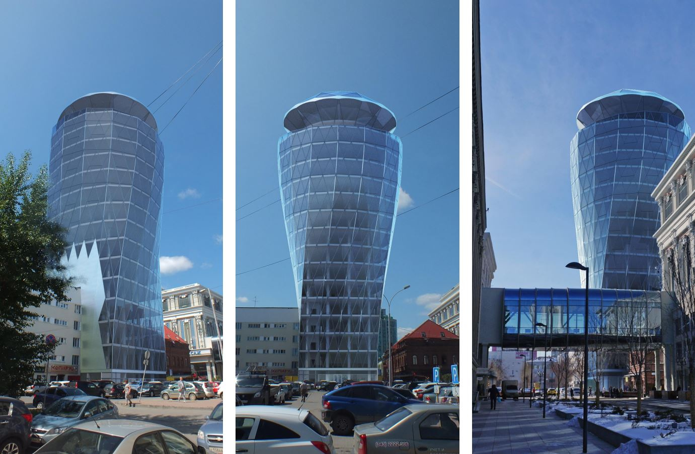 А эта башня — проект 2021 года. На градсовете архитекторы назвали его «стаканом с бриллиантом»