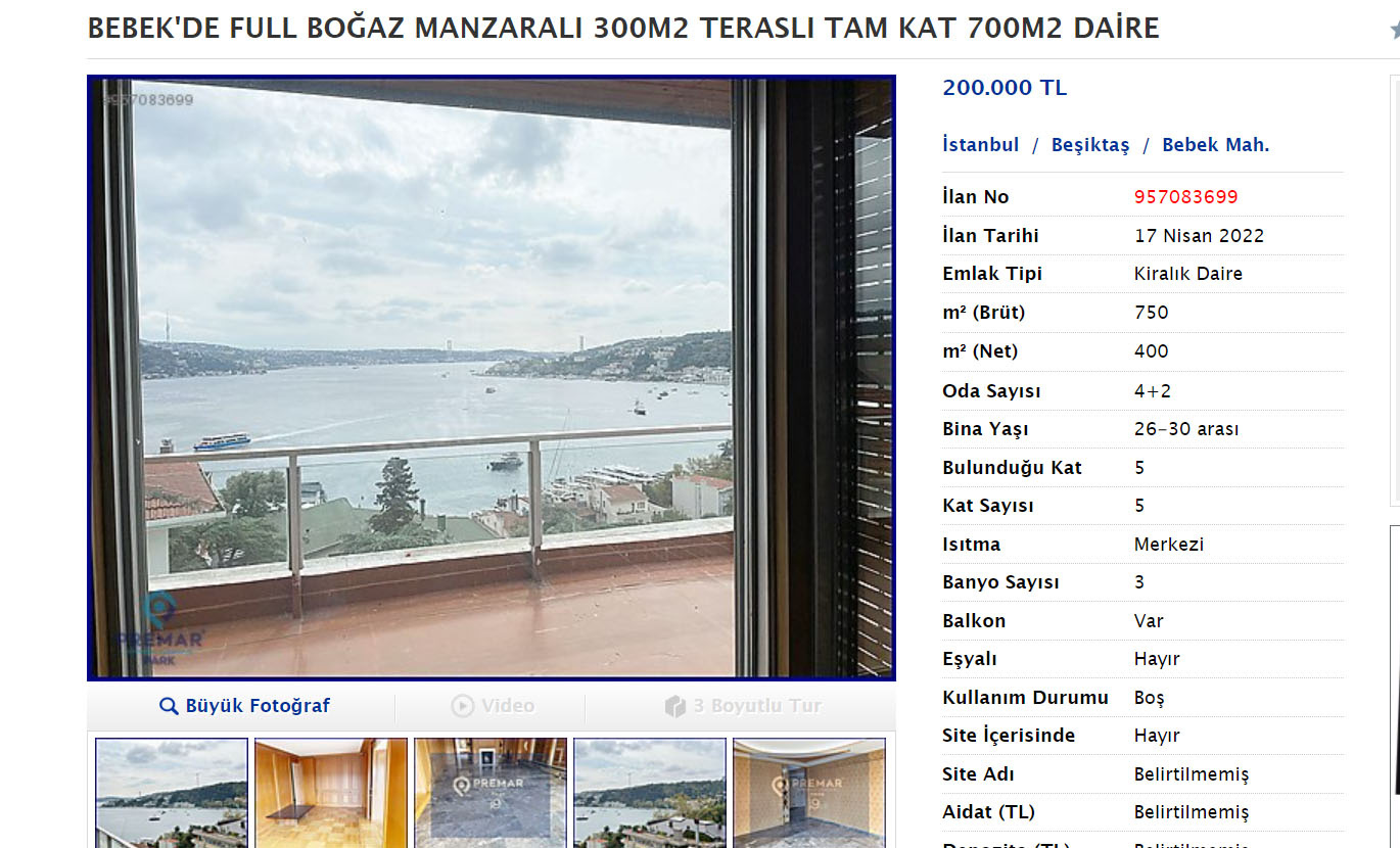 Стоимость аренды в Стамбуле — 200 тысяч лир в месяц за квартиру площадью 300 кв. метров с видом на Босфор
