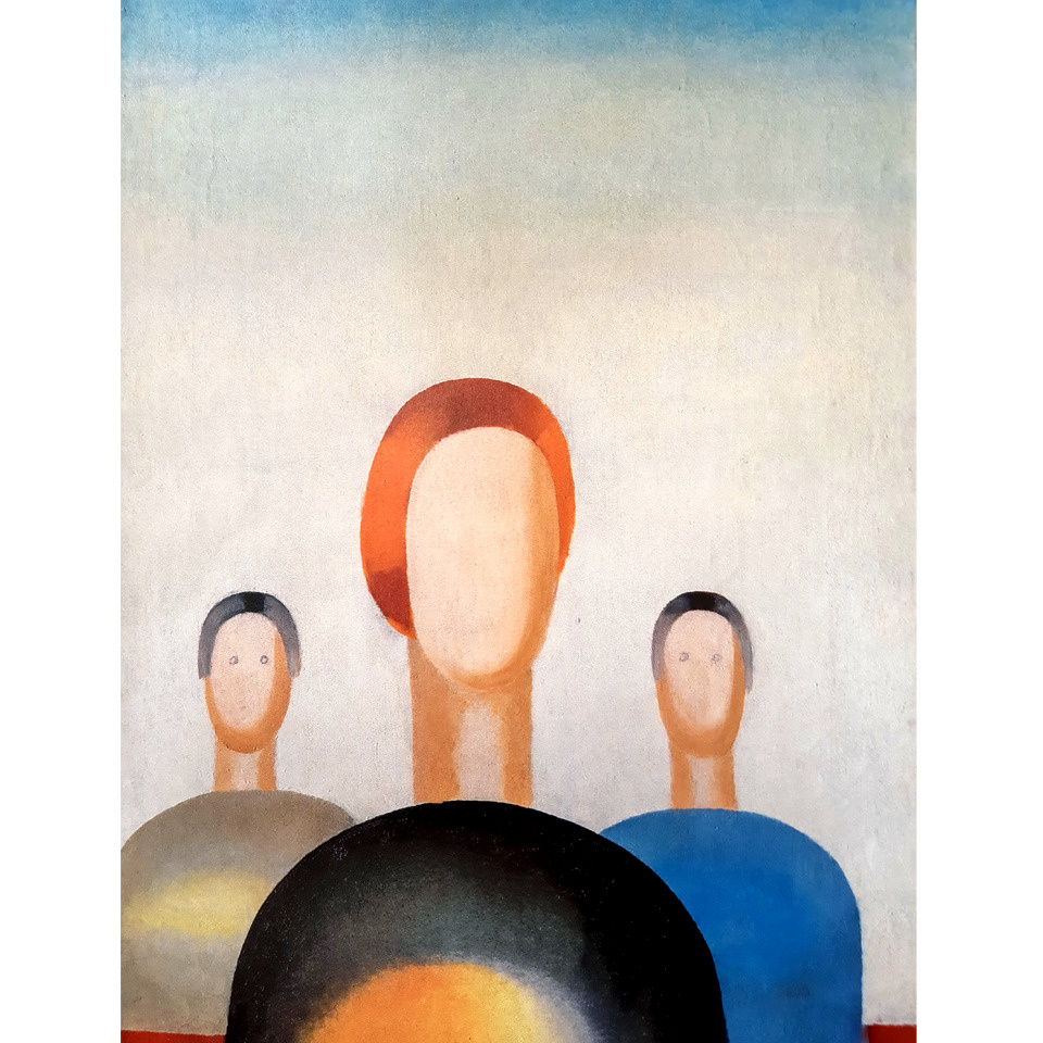 Картина Анны Лепорской «Три фигуры» с пририсованными глазами