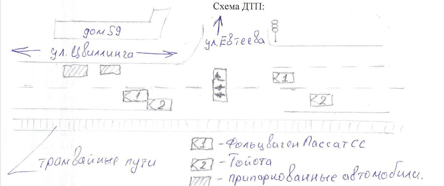 Владелец Volkswagen Passat (машина № 1) Олег столкнулся с Toyota Aqua (машина № 2) на улице Цвиллинга во время перестроения в левый ряд