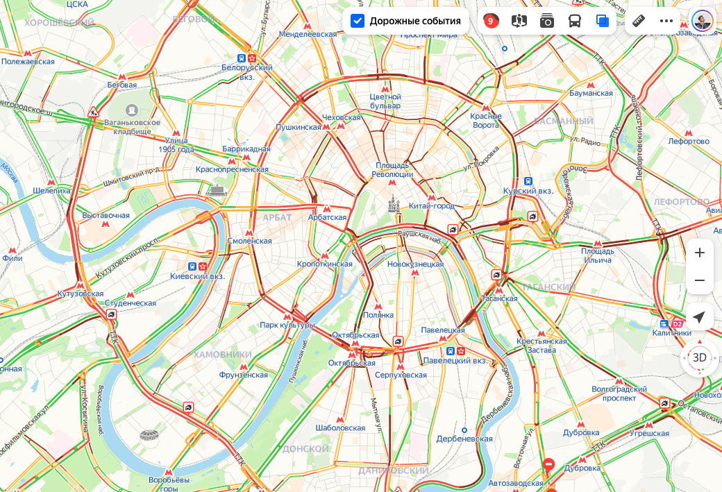 Карта загруженности дорог москвы