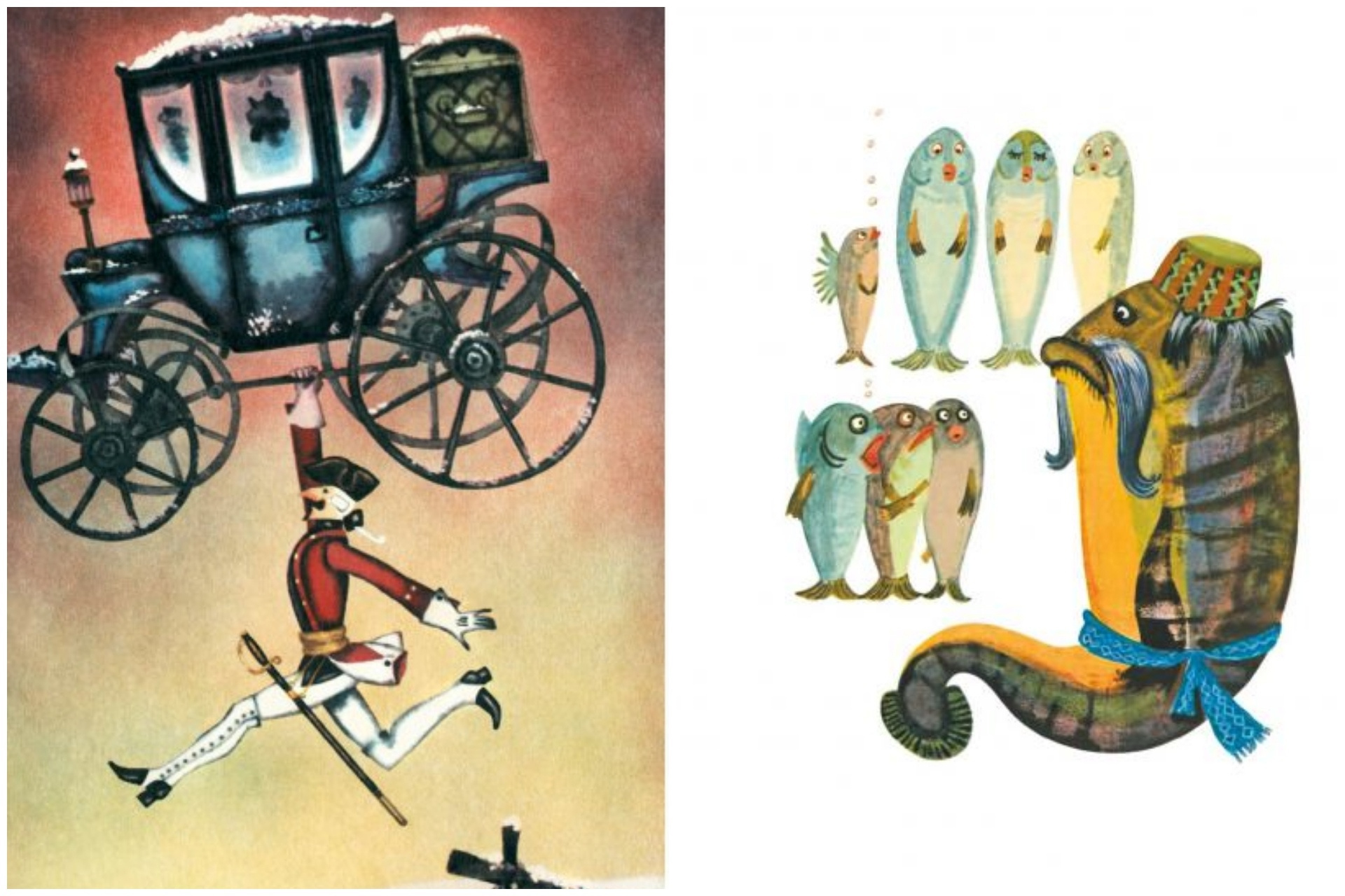 Слева — одна из иллюстраций к книге о приключениях барона Мюнхгаузена, справа — к сказкам Прикамья