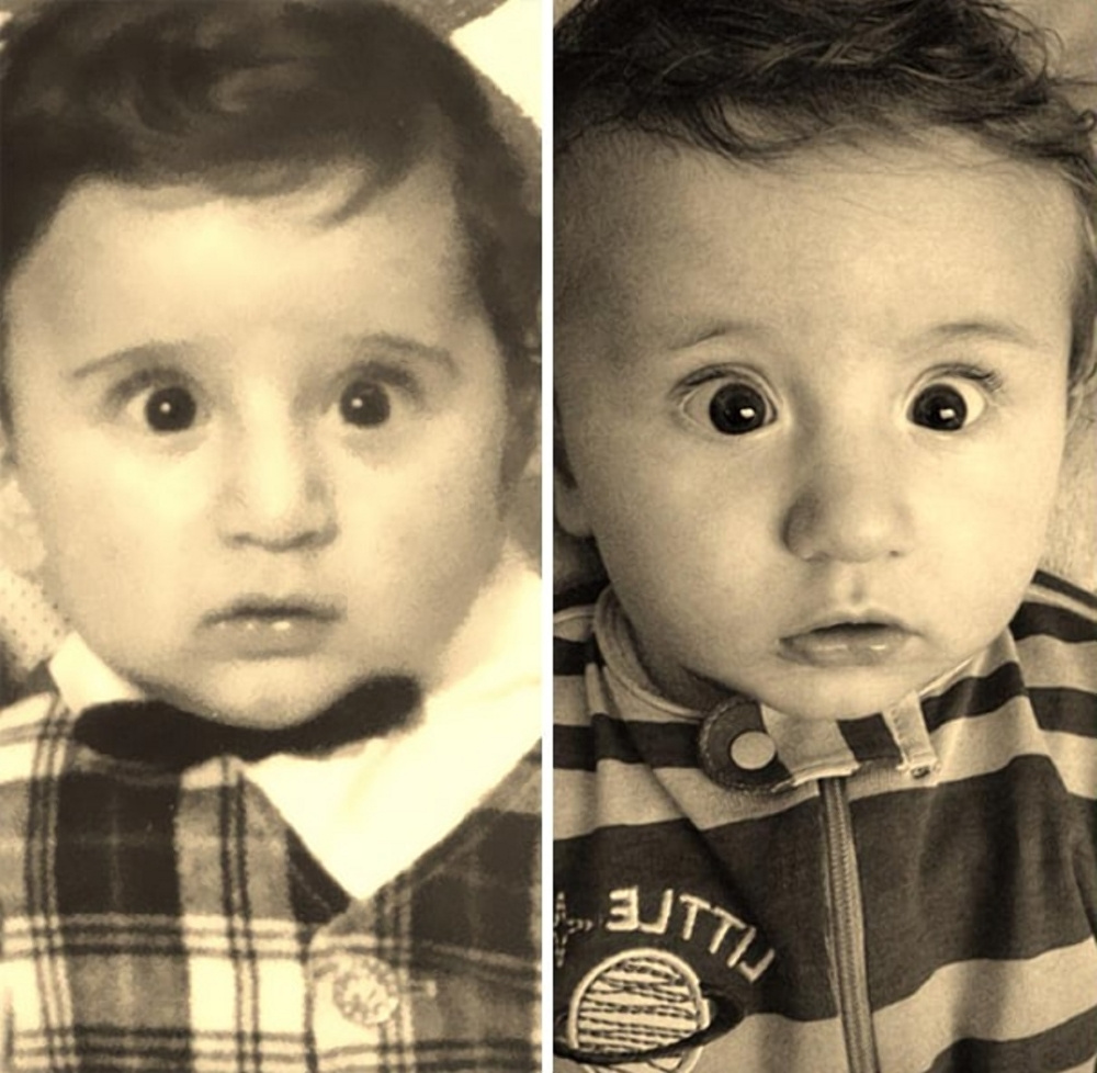 На этом фото малыш (справа) решил повторить драматическое выражение лица отца. А что, неплохо вышло