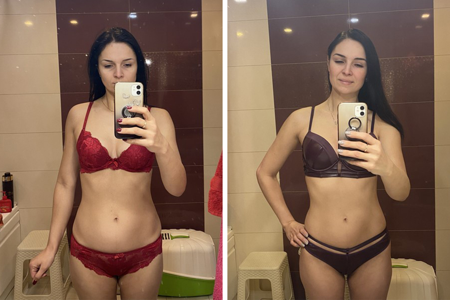 Юлия до занятий и через месяц после. Вес до планки — 64,2 кг, после планки — 62,2 кг