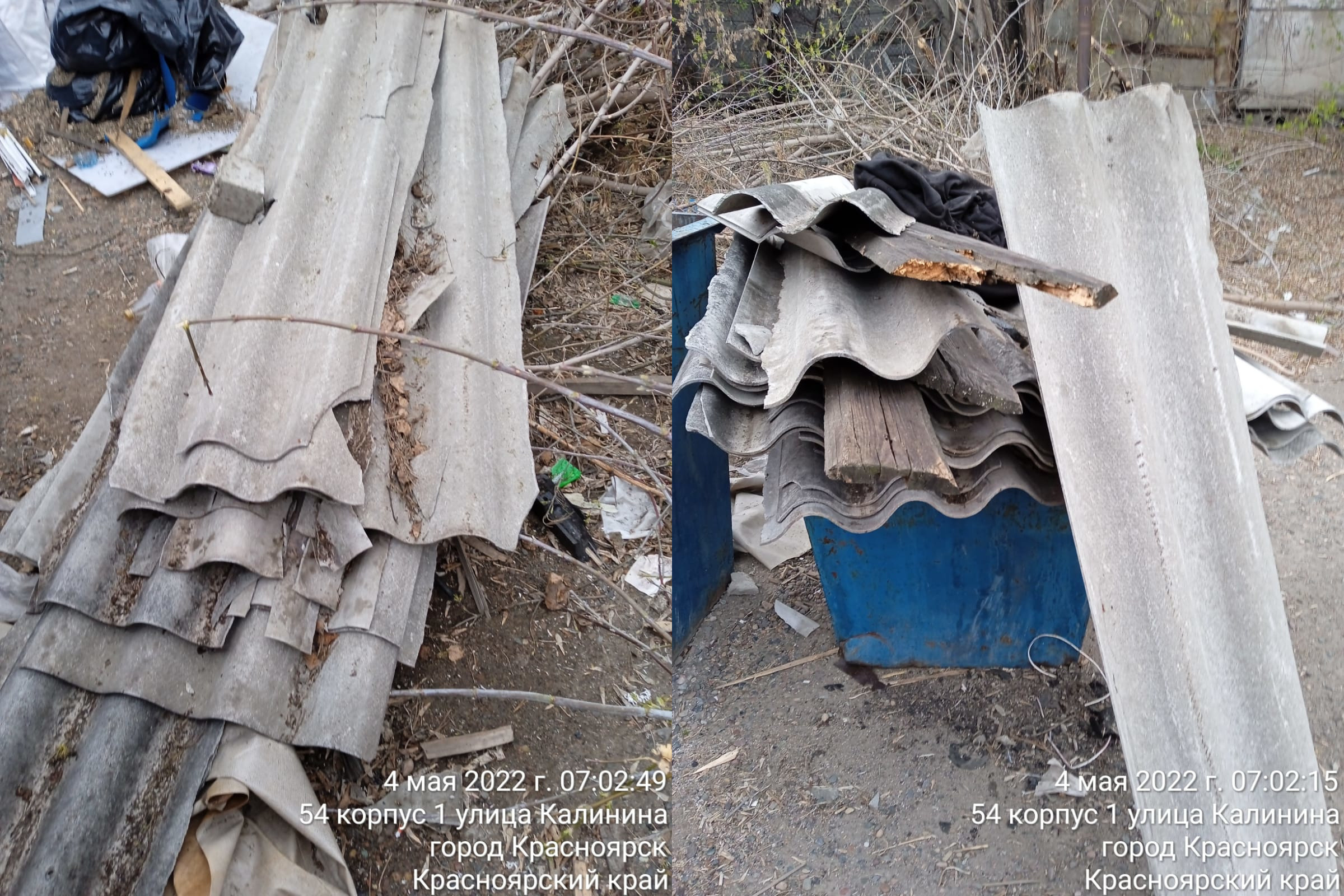 В мусорных баках можно увидеть бревна, ветки и остатки материалов для ремонта