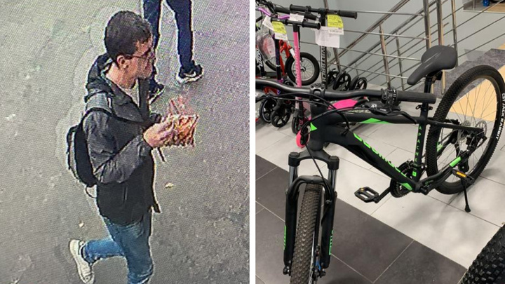 В Екатеринбурге хорошо одетый брюнет в очках украл велосипед и упал с него пока ехал. Видео