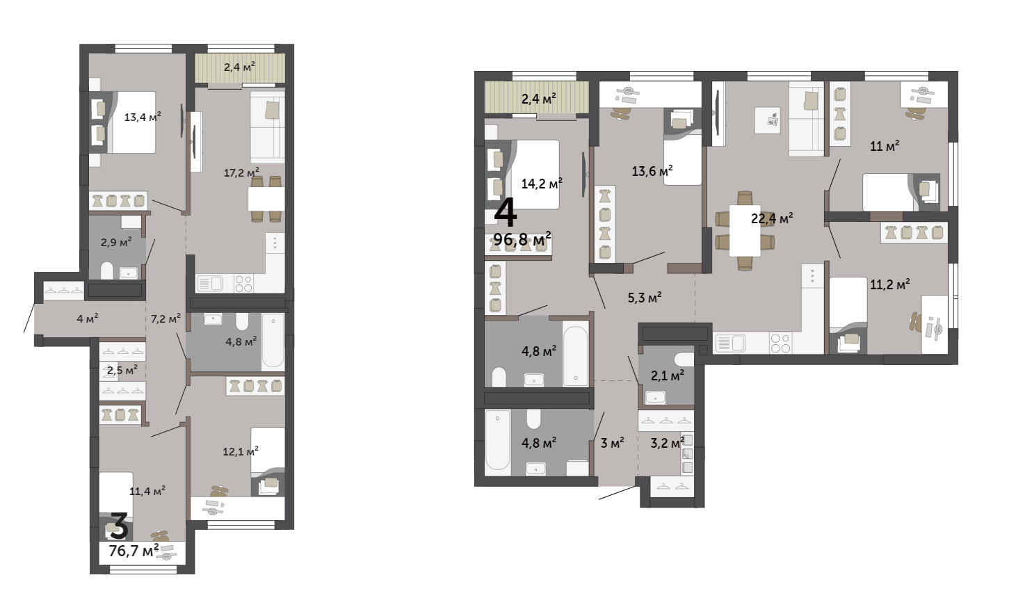 В квартирах семейного формата есть планировки и с обычными комнатами, и с мастер-спальней