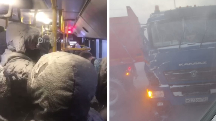 В Норильске столкнулись 2 автобуса и 2 грузовика. Окна разбились, пассажиров замело снегом