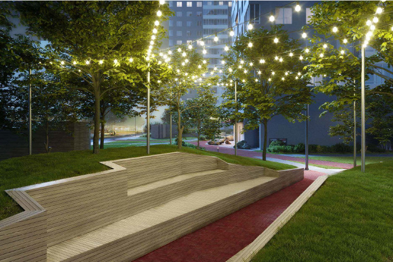 Ландшафтный дизайн и подсветка дворовых пространств продуманы по всему комплексу