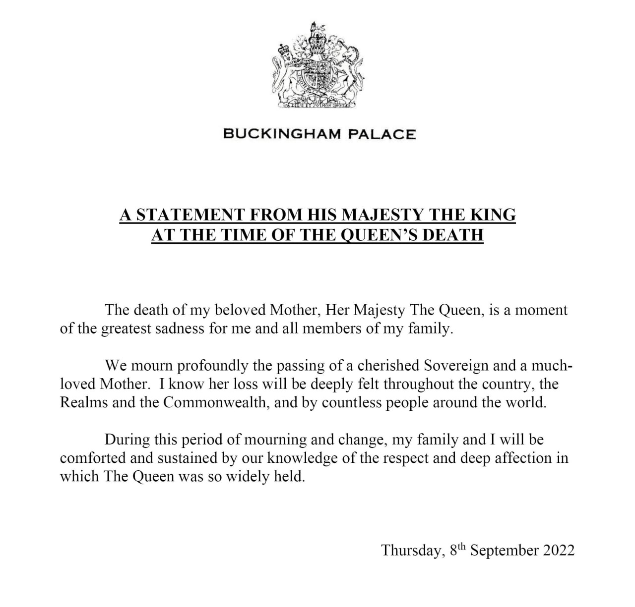 Заявление принца Чарльза в связи со смертью матери