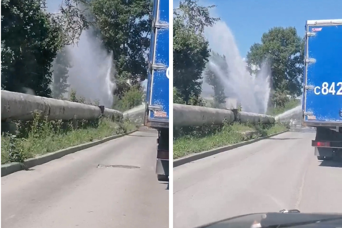 На улице Авиастроителей прорвало трубу: вода полилась на дорогу,  Новосибирск, 11 июля - 11 июля 2022 - НГС