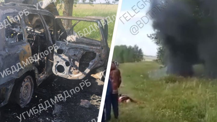 В Башкирии автомобиль вылетел в кювет и сгорел. Погиб человек