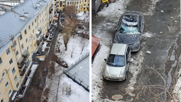 «Мы думали, что-то взорвалось». В центре Екатеринбурга упавший с крыши кусок льда смял Toyota Camry