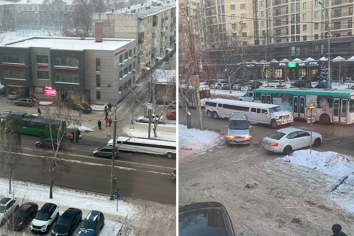 Лимузин и троллейбус не поделили дорогу на Дуси Ковальчук в Новосибирске 17  декабря 2022 г. - 17 декабря 2022 - НГС