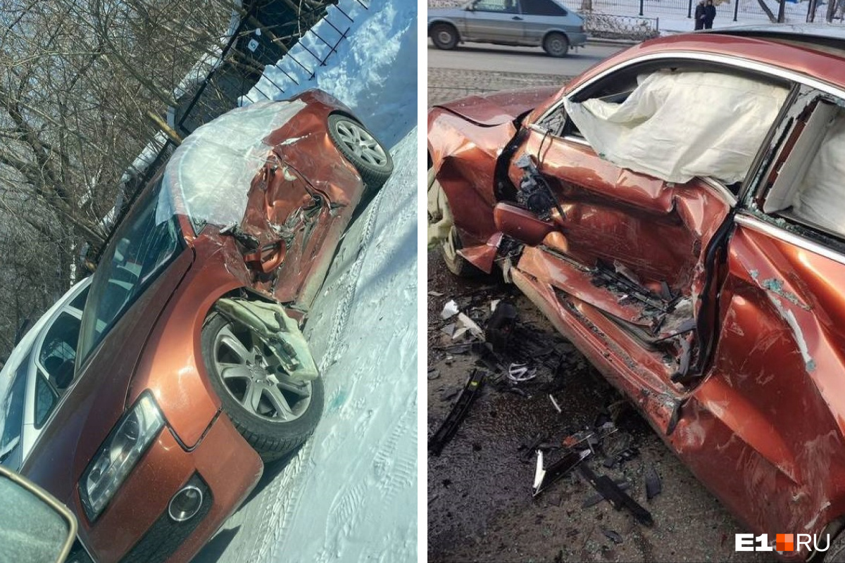 По вмятинам на кузове Audi видно, какой силы был удар По вмятинам на кузове Audi видно, какой силы был удар