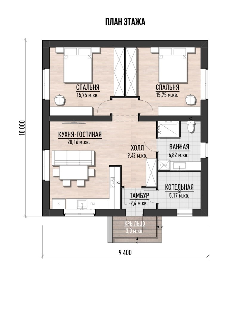 Один из вариантов планировки с двумя спальнями и просторной кухней-гостиной