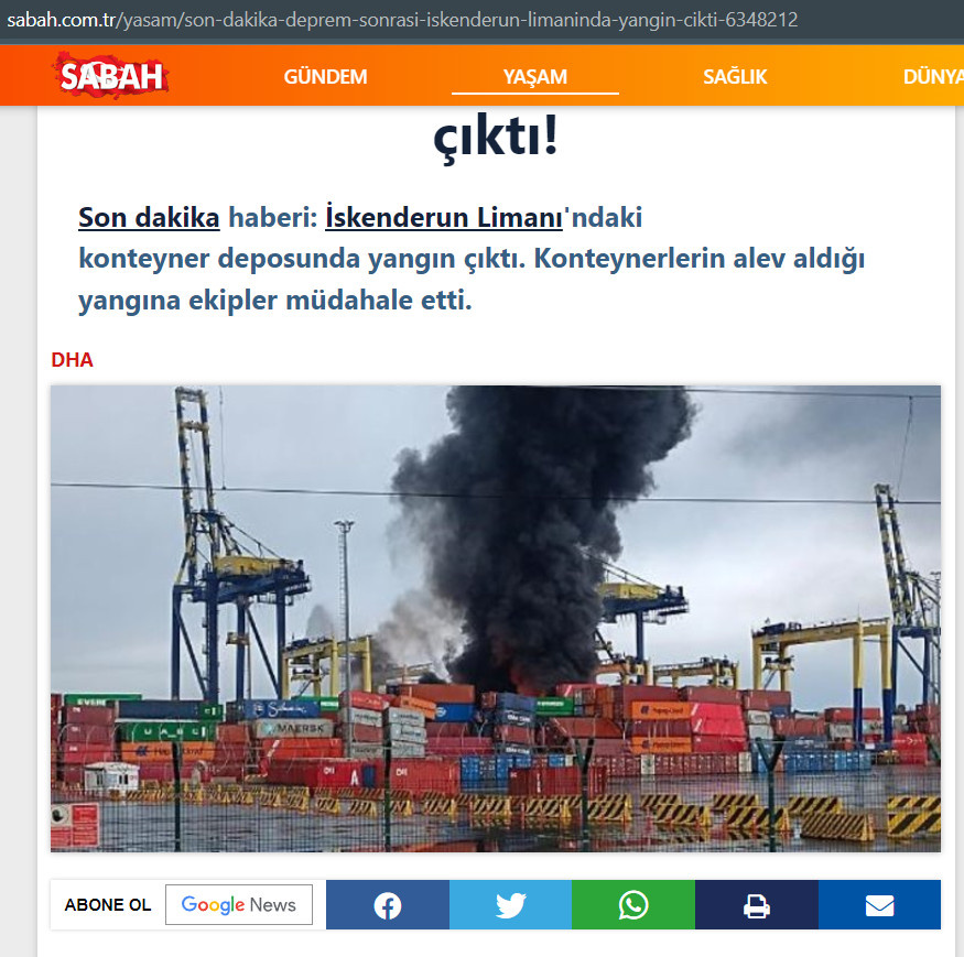 В Турции — сильный пожар в порту Искендерун. Огонь пожирает грузовые контейнеры