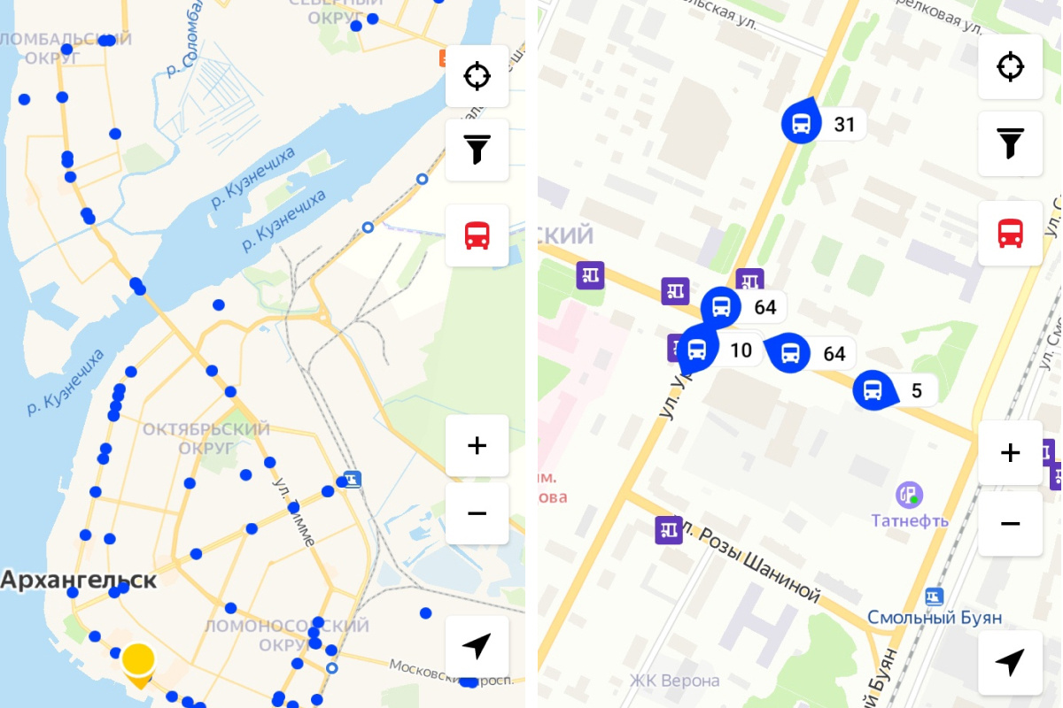 Так выглядит приложение «Архангельская область. Транспорт» со смартфона. Если приблизить карту, то на синих точках появятся номера автобусных маршрутов