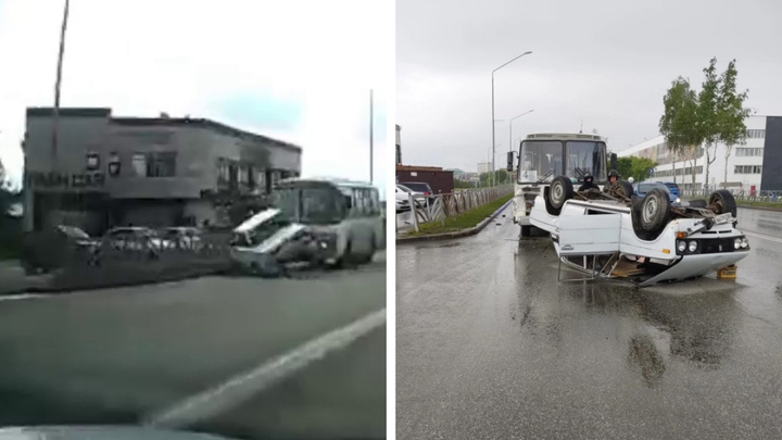 Появилось видео аварии, где автобус протаранил ВАЗ. Машина перевернулась