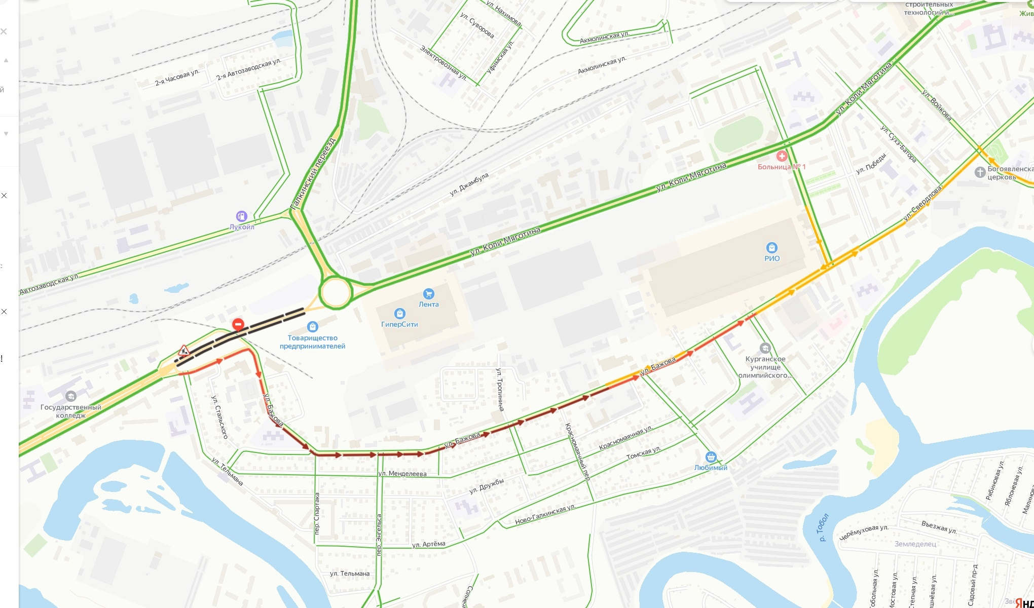 Загруженность дороги возле микрорайона Энергетики в 12 часов дня <nobr class="_">14 июня</nobr>, по данным «Яндекс.Карт»