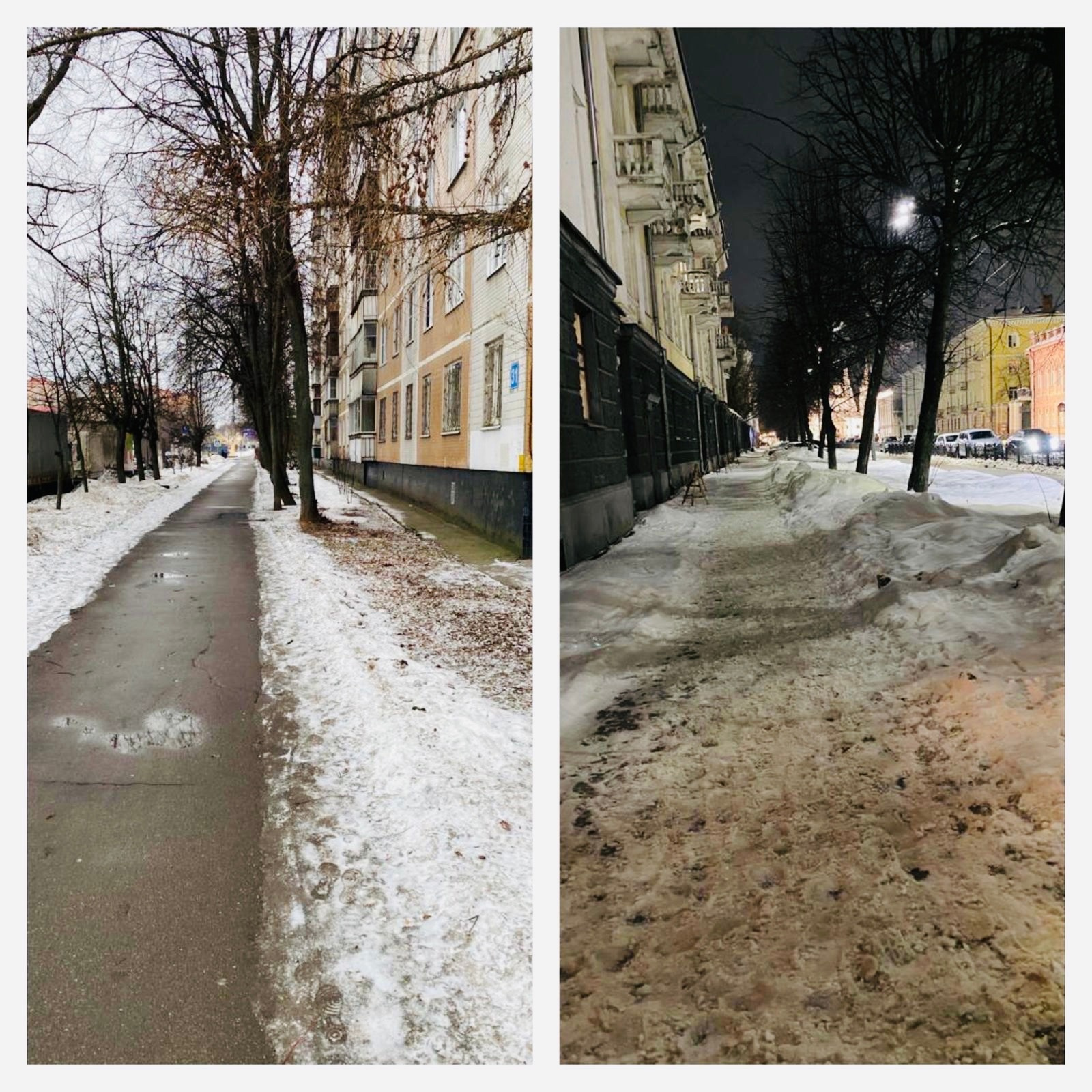Тротуар на Советской улице скрыт под слоем льда и снега