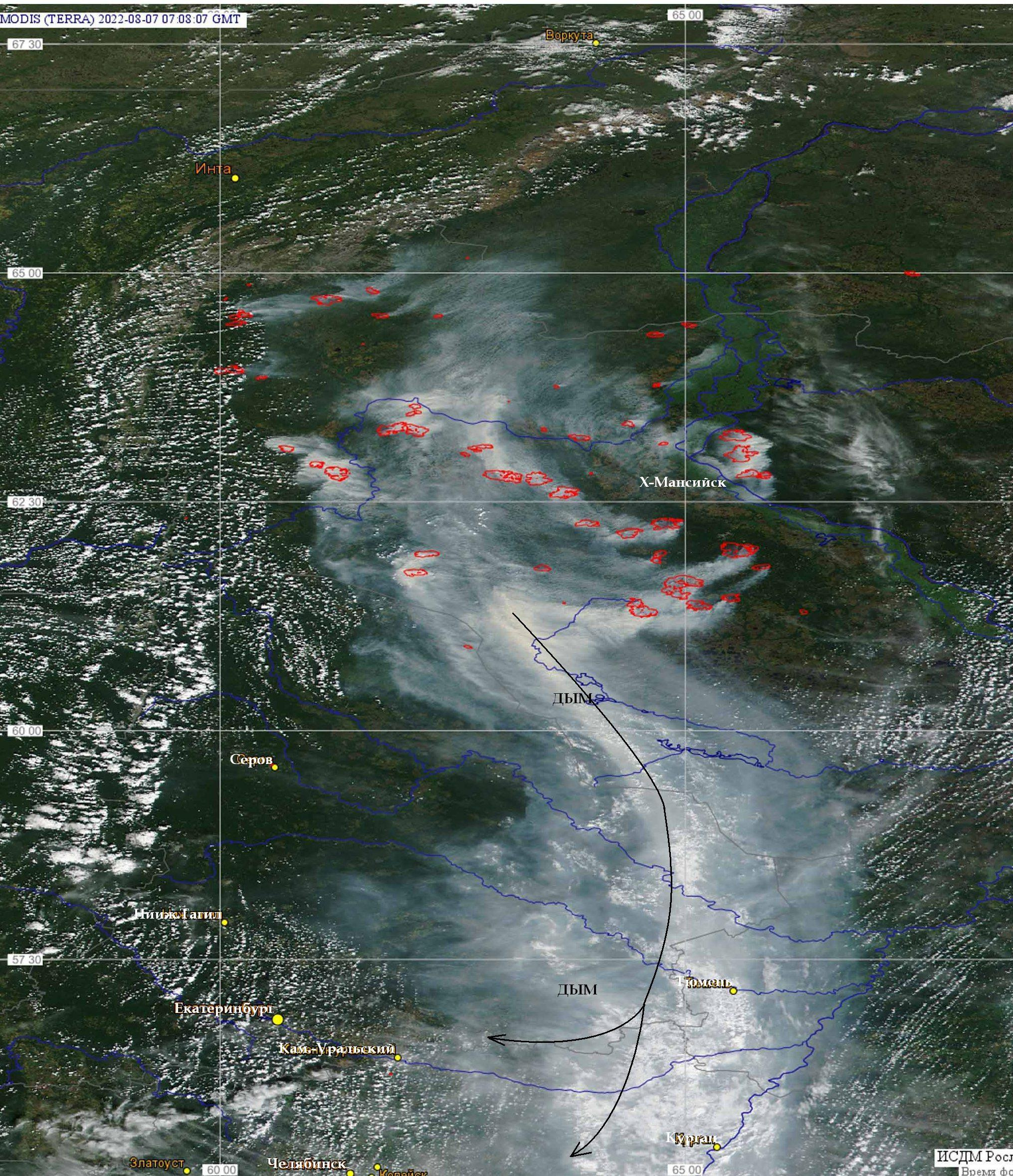 На карте видно, как дым от пожаров с севера надвигается на Свердловскую область