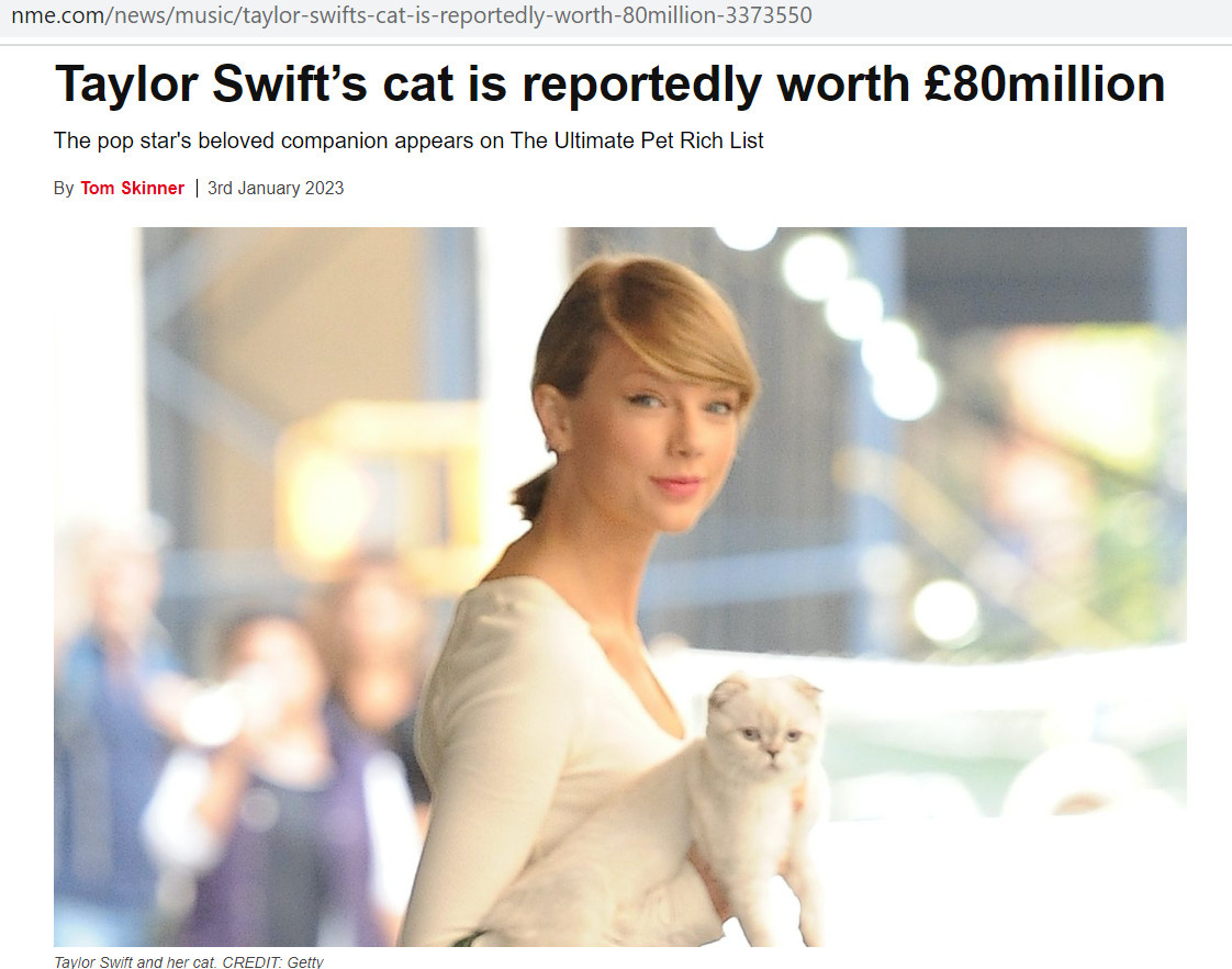 Состояние кошки Тейлор Свифт оценили в 97 млн долл.