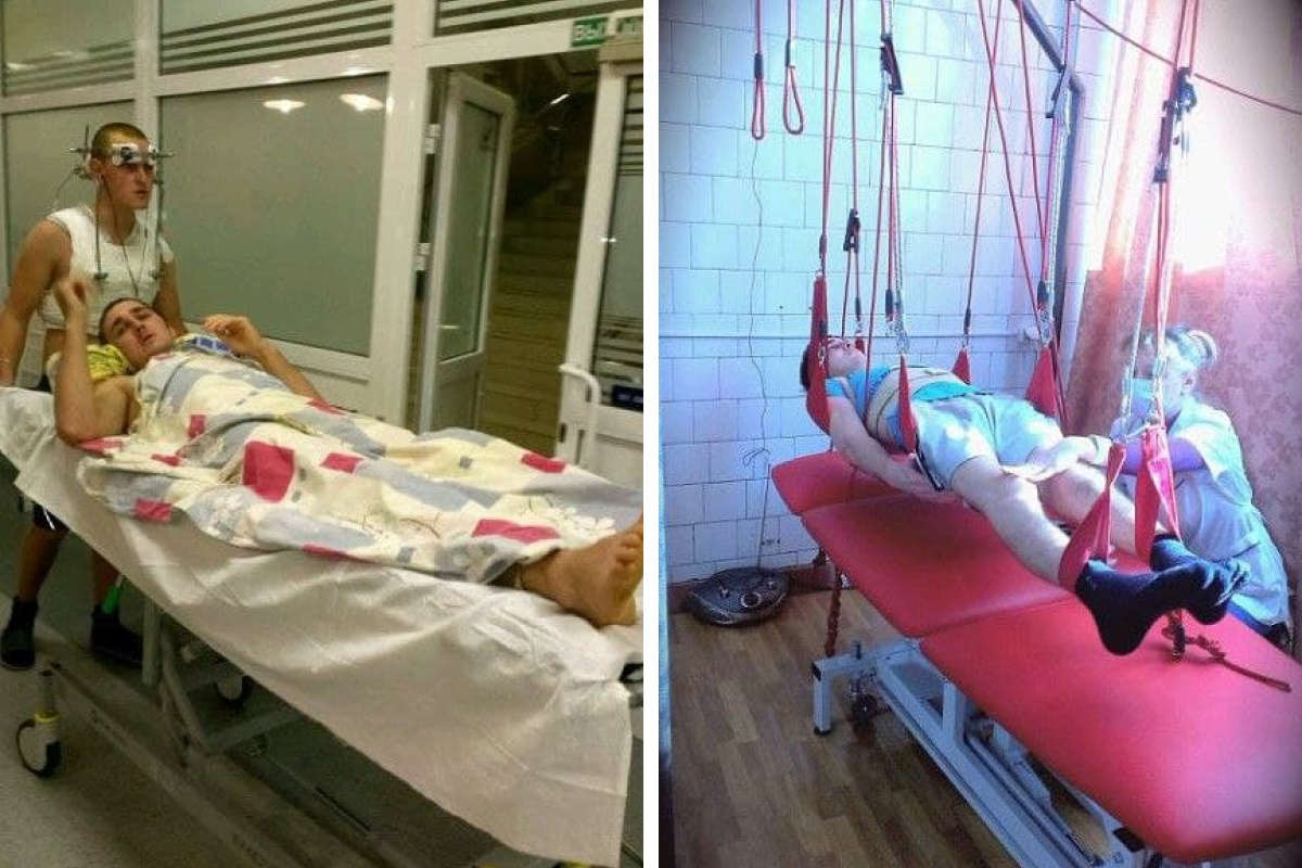 Федора впервые за месяц вывезли на носилках из палаты после операции в НИИТО, чтобы подышать свежим воздухом у окна (слева). Справа — он на реабилитации в Новокузнецке
