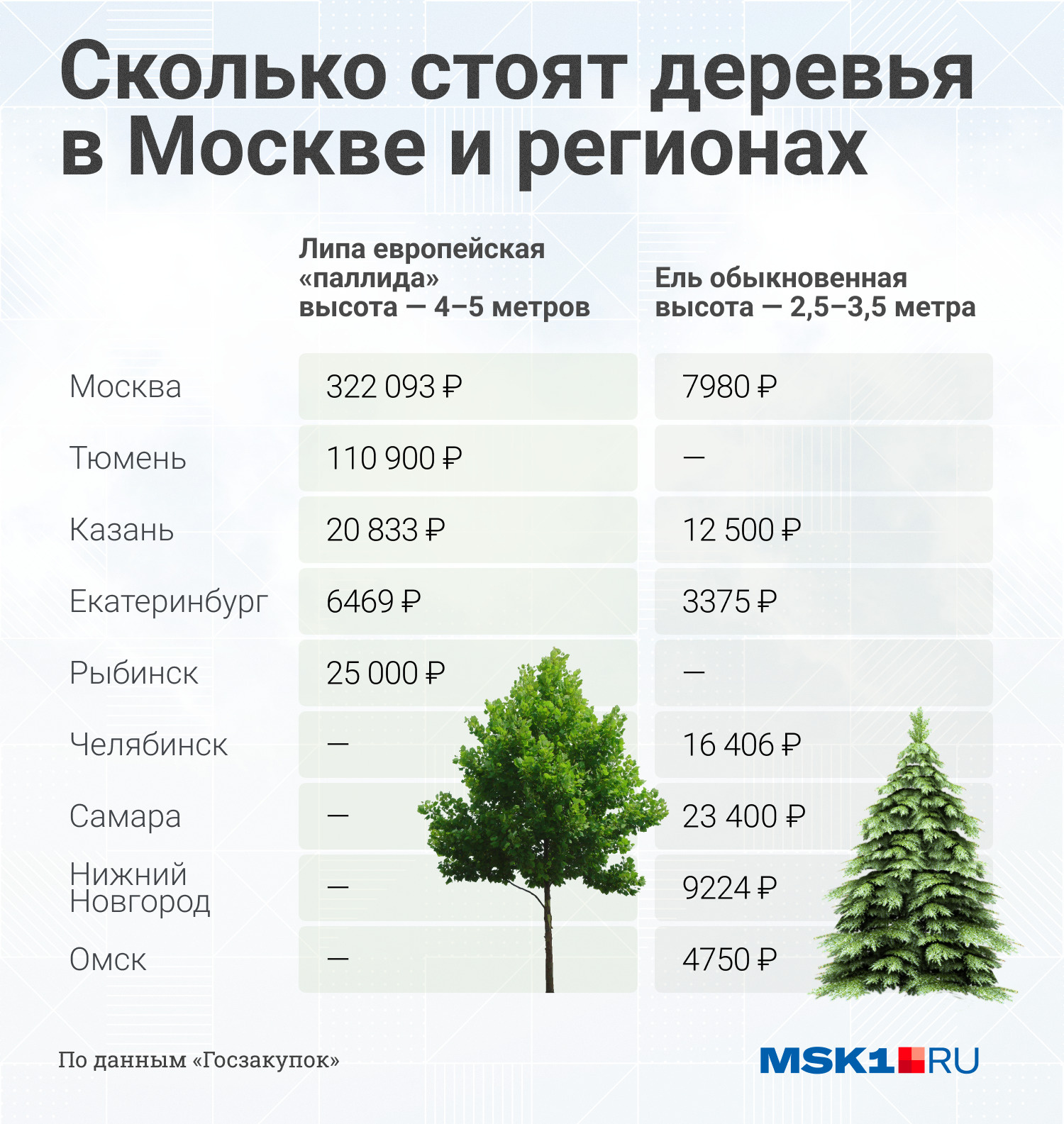 Мы сравнили, за сколько покупают одинаковые липы и ели в разных регионах России Мы сравнили, за сколько покупают одинаковые липы и ели в разных регионах России